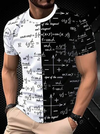 男士3D时尚短袖T恤 - 白色，印有黑色和金色数学公式，圆领，常规版型，四季皆宜，穿着舒适