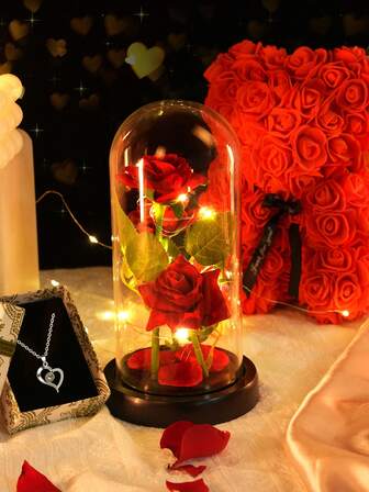 1 Set Red Teddy Bear Rose Gift Box (Includes LED Lamp Eternal Flower + Rose Bear + Greeting Card + Heart Necklace + Green Grass), Perfect Birthday Romantic Gift, Suitable For Birthday, Anniversary, Mother's Day, Valentine's Day And Other Occasions