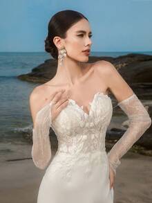 Elasola فستان زفاف ساتان ذو قصة الحورية مع ملابس علوية أنبوبية وأكمام للذراعين بياقة قلب للعروس الأنيقة