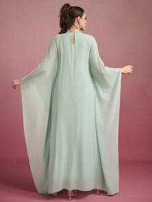 长袖立领蝙蝠袖长袍，饰有串珠和水钻不对称设计，采用无弹力梭织面料制成 - 綠色 - 查看 2