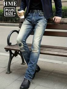 234  New Fashionable Men's Jeans Retro-Washed Distressed Design With Frayed Hem Mid-Rise Stretch Slim-Fit Straight Leg With Structured Cut All-Season Wear Classic Blue With Natural Faded Effect Soft Stretch Denim Fabric, Machine Washable Essential For Everyday Casual Wear Men's Jeans (Plus Sizes Available) Men's Plus Size Apparel - 深藍色 - 查看 1