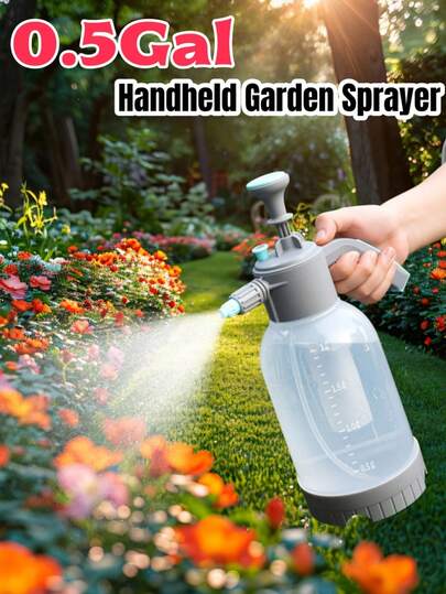 1个0.5加仑手持式花园喷雾器，2升泵式喷雾器，68盎司带安全阀的喷水瓶，可调节喷嘴，加长喷杆和备用密封圈，适用于浇水、施肥和清洁。