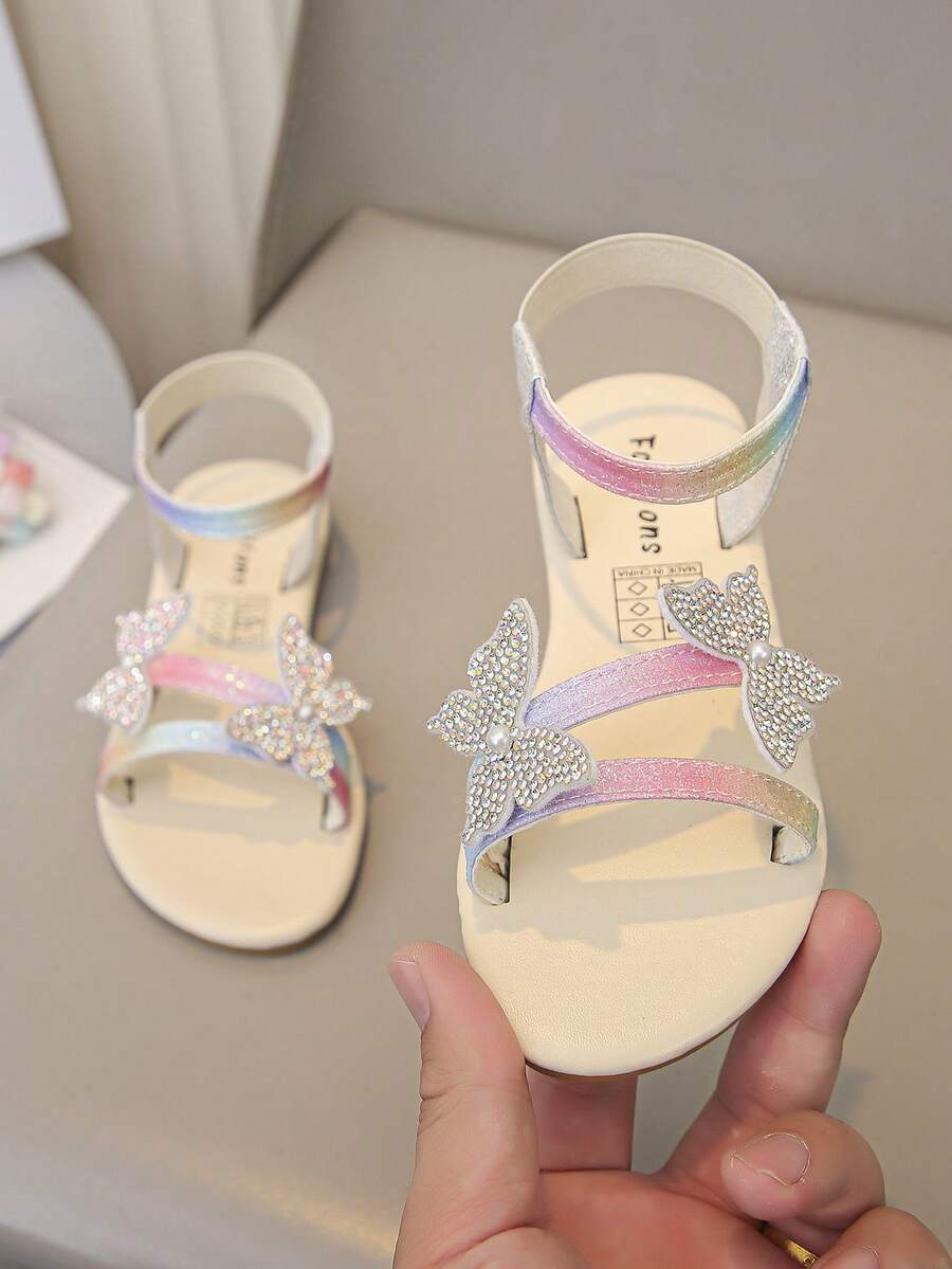 1 Pair Of Fashionable, Shiny Girl Butterfly Decorated Sparkling Rhinestone Transparent Flat Sandals, Fairy Style, Very Suitable For Summer Wear. - Multicolor - View 1