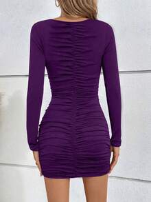 Elegant Ruched Waist Deep V-Neck Long Sleeve Mini Dress, New Arrival Spring/Summer - Purple - View 2