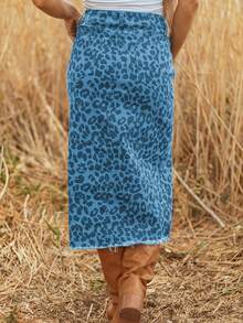 Leopard Print Frayed Side Slit Denim Midi Skirt - 天藍色 - 查看 3