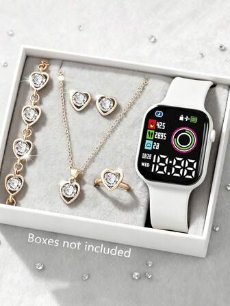 6条装时尚、优雅、经典数字显示硅胶表带套装，专为青少年设计。适合女孩佩戴。套装包含手链、项链、耳环和戒指等首饰。适合学生佩戴。完美适用于日常佩戴，例如返校、参加聚会和旅行。非常适合作为礼物送给朋友、生日礼物、毕业季礼物，或送给妈妈的完美礼物。