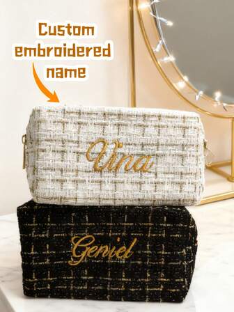 1PC Custom Embroidered Name Bag - Personalized Letter Cosmetic & Toiletry Pouch For Women, Stylish Fabric Storage Bag With Custom Name Embroidery. Perfect Christmas/Birthday/Holiday Gift For Mom, Bridesmaids, Friends & Teens, Ideal Travel Accessory & Daily Organizer For Cosmetics, Toiletries & Beauty Essentials. Durable Zipper Closure Design, Unique Custom-Made Bag To Express Thoughtfulness