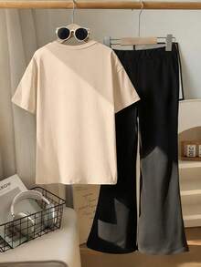 女童两件套，蝴蝶结标语T恤和喇叭裤，可爱休闲/上学两相宜 - 杏色 - 查看 3