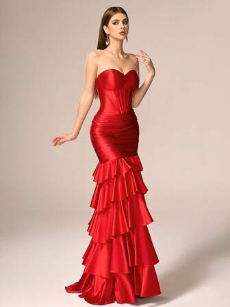Elegant & Luxurious Crimson Red Strapless Satin Evening Gown - Tiered Ruffled Mermaid Skirt, Fitted Waist | Ideal For Galas, Proms, Wedding Events & High-End Formal Evenings