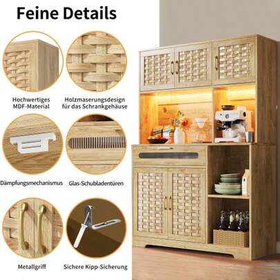 Tall Cabinets For The Living Room (120*40*180cm), Kitchen Cabinet, Dining Room Cabinet With Drawers, MDF Woven Cabinet Doors, Cabinets With LED Lighting, Freestanding Display Cabinet For Kitchen, Living Room, Dining Room, Bar