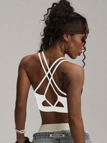 女士黑色无钢圈交叉针织运动文胸 - 白色 - 查看 4