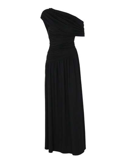 Women's Solid Color Oblique Neck Ruched Long Dress, Fitted & Slimming, Elegant & Sexy Party Dress