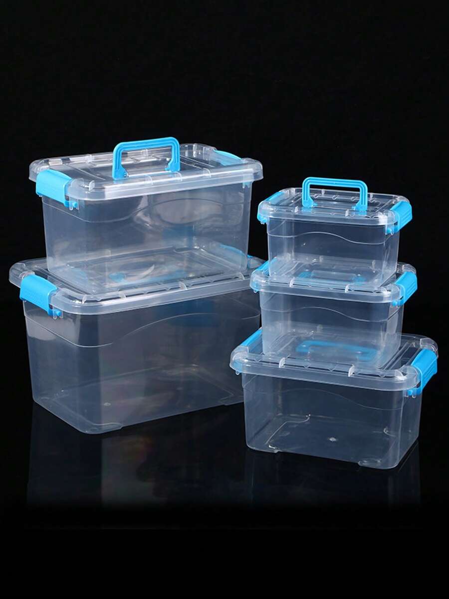 4pcs Desk Storage Display Boxes - Capacity 0.5L/0.6L/0.7L/0.8L - Blue Transparent Boxes With Handles (A: 13.7*10.5*7.5cm, B: 15*11.3*8.3cm, C: 17*11.9*8.8cm, D: 18.5*13.3*9.4cm)