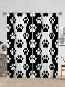 2pcs Art Deco Style Dog Paw Print Pattern Doorway Curtains,Without Holes Curtain,Refer To Bedroom Office Kitchen Living Room Study Home Decor - Multicolor - View 2
