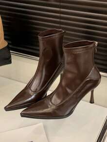 Bốt cao gót mũi nhọn cổ ngắn phong cách Âu Mỹ thu/đông 2025, bốt cổ ngắn ôm vừa vặn, bốt cổ ngắn màu nâu cổ điển, bốt dành cho nữ - màu nâu - Xem 8