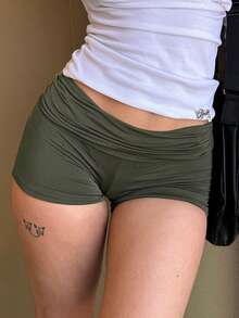 Women's Summer Fold Over Shorts Solid Color Low Waist Ruched Bodycon Short Pants - Green - View 2