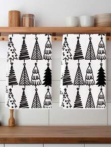 Black & White Holiday Decor Towels 2Pcs - Christmas Tree Simple Lines Absorbent Kitchen Hand Towels