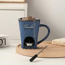 陶瓷釉面巧克力火锅杯套装，含1个叉子，个人火锅杯，可融化巧克力、奶酪、黄油，适合家庭聚会和婚礼使用。 - 窯變藍色 - 查看 2