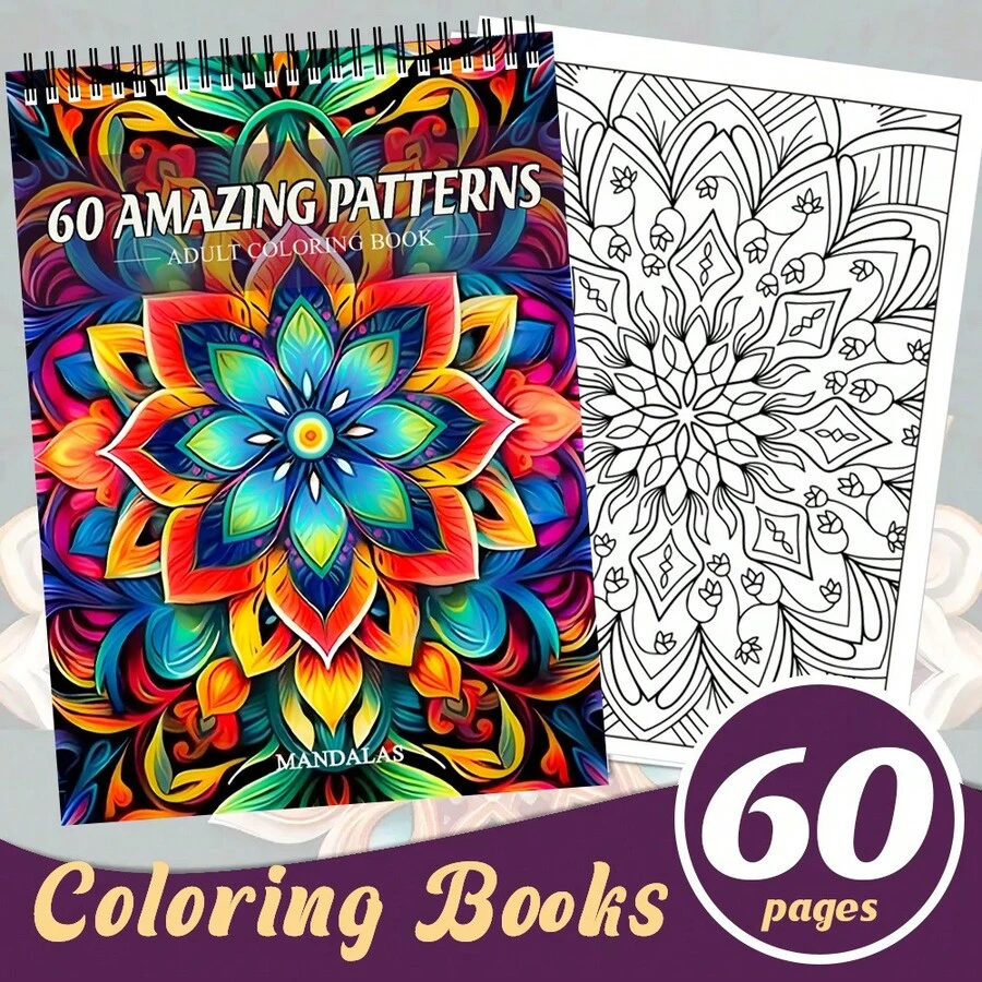 Livro de colorir para adultos com mandalas, encadernação em espiral, tamanho A4 (29 x 21 cm), páginas impressas em um lado com capa de papelão, adequado para homens e mulheres, livro de colorir para relaxar. - Peça única - Ver 1