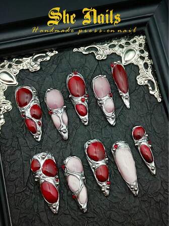 Cute Baroque Nail Art Look With 10pcs Red Nails Pink Nails Orange Nails Green Nails Long Stiletto Acrylic Press On Nail Sparkling French Tip Nails Surface Nails With Diamonds Suitable For Chiristmas Holiday For Women Or Girls To Use Wear With Free Gel Sticker Nail File.