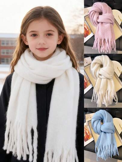 1pc Kids Simple Solid Color Mohair Knitted Scarf, Tasseled Thick Winter Scarf For Outdoor Warmth, Back To School, Friend Gift, Suitable For 8-16 Years Old Children, Outdoor Casual, Party, Photo Shoot, Travel, Fashion Girl Scarf - Christmas Scarf - Children Scarf New Year Gift