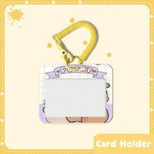 1 pieza Soporte para tarjeta de identificación de estudiante, tarjeta de acceso, tarjeta de almuerzo, tarjeta de autobús, tarjeta de trabajo con diseño de Capibara comiendo pastel y cordón retráctil amarillo de primavera, estilo lindo para el campus - casquillos de resorte - Ver 11