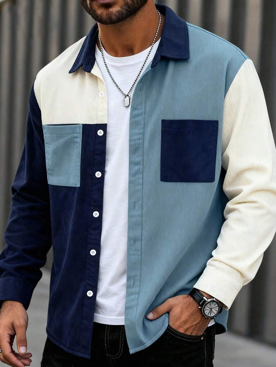 男士灯芯绒多色拼布面料舒适透气全扣撞色设计休闲时尚通勤街头时尚长袖衬衫，夏季新品 - 淺藍色 - 查看 1