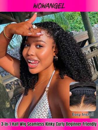 WOWANGEL Kinky Curly Half Wig Human Hair 200 Density 3 In 1 Seamless Flip Over Half Wigs Human Hair Glueless Wear And Go Beginner Friendly Kinky Curly Wig Human Hair Drawstring Headband Wig For Women 14-24 Inch