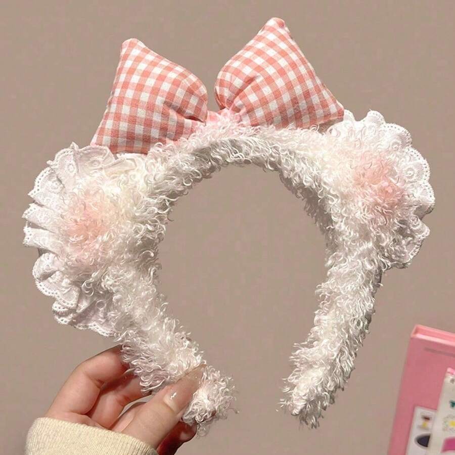 1Pcs Blush Pink Bear Ear Bow Lace Headband For Women Makeup Skincare Plush Hair Accessories Cute Christmas Party Wear Perfect Gift For Mom Friends And Kids - 白色 - 查看 1