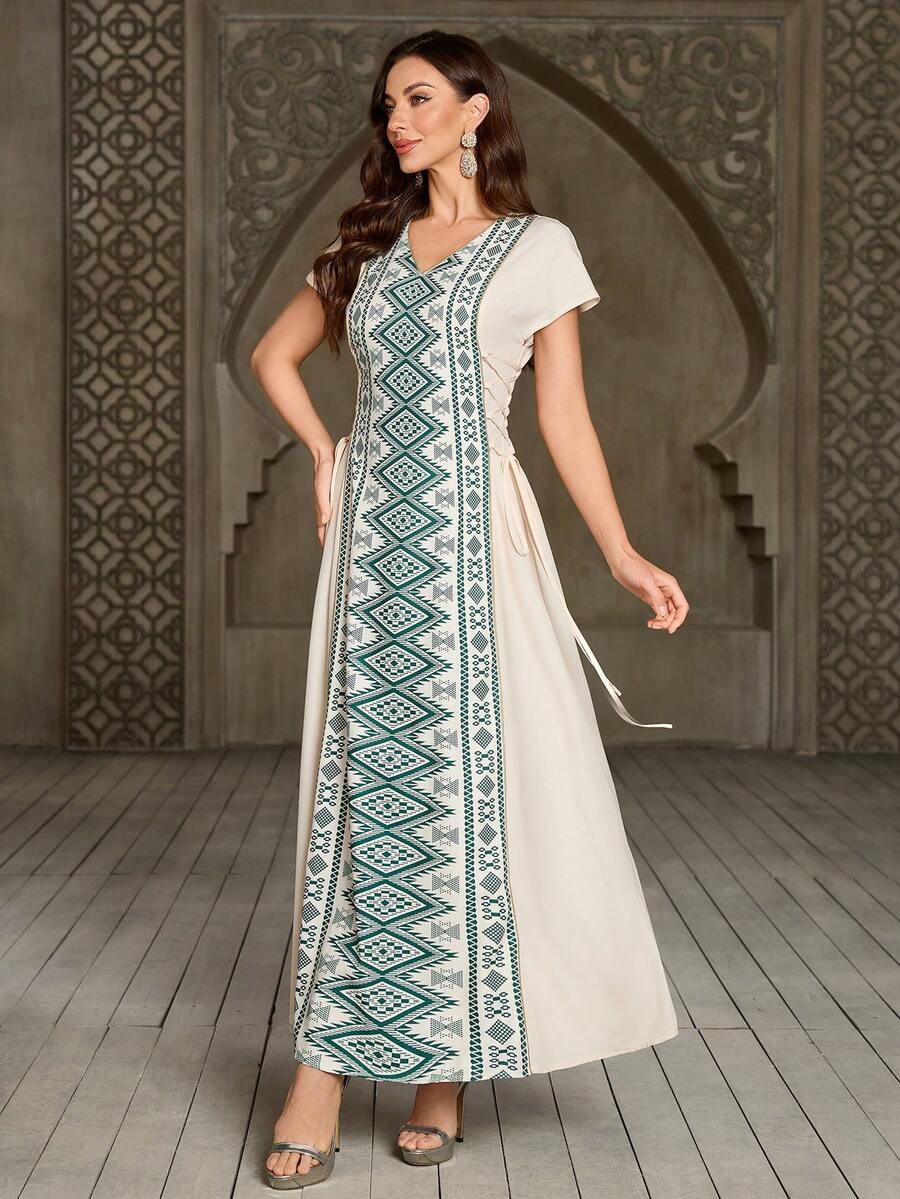 Women's V-Neck Minimalist Tie Decor Cap Sleeve Bat Wing Sleeve Hem Cap Sleeve Everyday Arabic Dress - Apricot - View 1