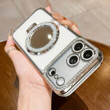 Diamond Luxury Shiny Rhinestone Lens Protection Plating Anti-Drop Phone Case, With Shiny Sequin Makeup Mirror Finger Ring Holder, High-Quality Shock-Proof Frame Back Cover, Compatible With IPhone 17/16E/15/14/13/12/11/X/XS Max/XR/Pro Plus/8/7, Galaxy A02S-A07/A12-A17/A22-A26/A32-A36/A50-A56/S20-S25, Honor Magic, OPPO Reno, Redmi, Infinix Smart - Silver - View 8