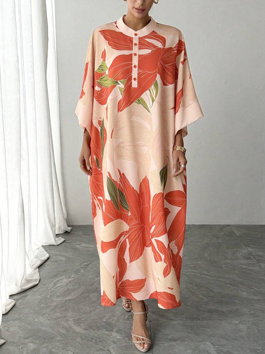 1pc Women's Arabic Abaya Dress, Autumn/Winter Orange Placement Print, Stand Collar, Single-Breasted, Raglan Sleeve, Oversized Long Casual Dress, Elegant Arabic Robe, Luxury Holiday Party Gown, Perfect New Year Gift For Mom, Daughter, Wife, Girlfriend Vacation Spring - Orange - View 1