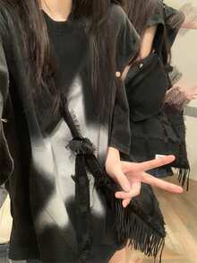 可拆式設計的美式街頭風格男女通用短袖T恤，百搭款 - 黑色 - 查看 5