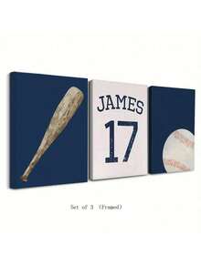 3pcs/Set Personalized Name Wall Art Poster - 3-Piece Name Canvas Wall Art - Customized Baseball Wall Art Football Wall Art Basketball Wall Art Prints Boy Room Decor Personalized Name Sign Playroom Print Boys Kids Nursery Wall Decor - Unique Gift Idea For Children Room, Nursery, Dining Room - Unframed Indoor Art Prints Optional Frame