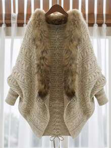 JIANHU Cárdigan con escote en V, mangas largas, borde de cuello de piel en estilo occidental - Caqui - Ver 2