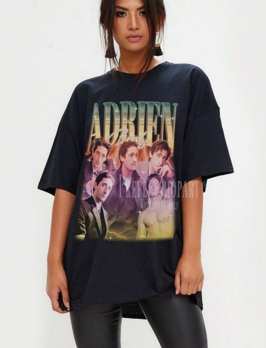 Adrien Brody 90's T-Shirt - Adrien Brody Bootleg Tees, Adrien Brody Fans Gifts, Adrien Brody Vintage - 黑色 - 查看 1