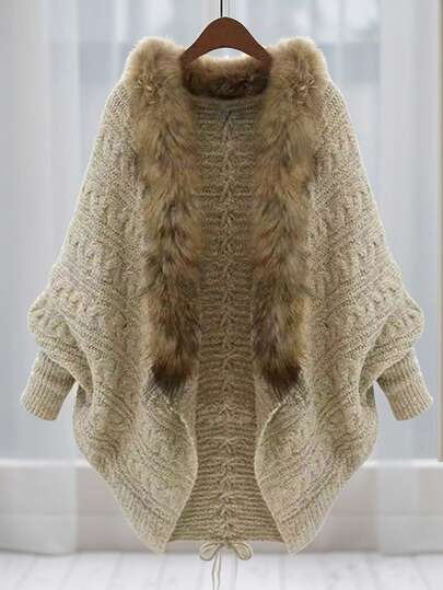 JIANHU Cárdigan con escote en V, mangas largas, borde de cuello de piel en estilo occidental