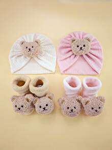 2件套新生儿冬季卡通发带帽+袜子套装，0-6个月宝宝高弹力帽子，柔软包裹帽和加厚袜子组合婴儿头饰套装 - 彩色 - 查看 7