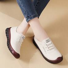 أحذية سلامة العمل للنساء، أحذية مسطحة ذات لون واحد، أحذية كاجوال ناعمة وراحة القدم، أحذية جديدة برؤوس مستديرة وأعلى منخفض مخاطة يدويًا - بيج - مشاهدة 6