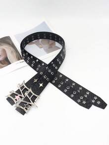 1 pieza Cinturón de estilo punk con estampado de cocodrilo, remaches con forma de estrella y hebilla de metal personalizada, cinturón de cuero decorativo de uso urbano