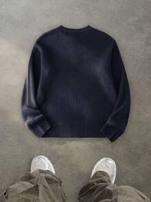 Men's Comfortable Minimalist Button Decor Long Sleeve Crew Neck Sweater, Casual Versatile For Daily Wear, Autumn/Winter - Navy Blue - View 2