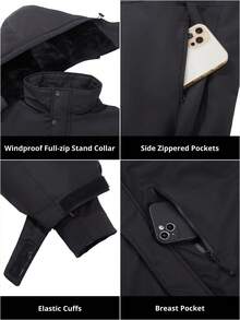 CAMEL CROWN 男式山地雪防水滑雪夹克可拆卸风帽防风羊毛派克大衣防雨夹克冬季外套 - 黑色 - 查看 6