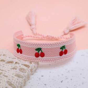 1pc Creative Embroidered Fruit Peach Handmade Woven Retro Tassel Boho Casual Vacation Style Cute Bracelet, Suitable As Gift For Family, Friends, Students, Holidays, Parties, Travel