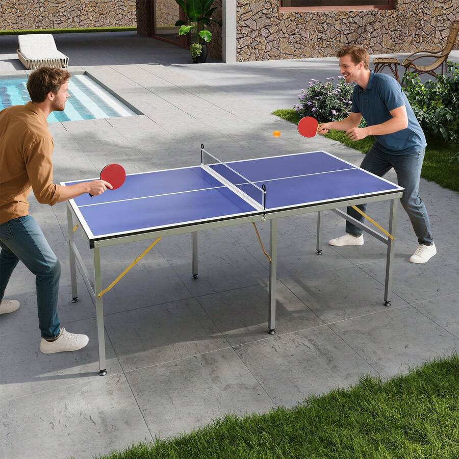 Mesa de Ping Pong Plegable 1.8X0.9 m para Interior y Exterior con Red 2 Paletas y 3 Pelotas para Adultos Adolescentes - Azul - Ver 1