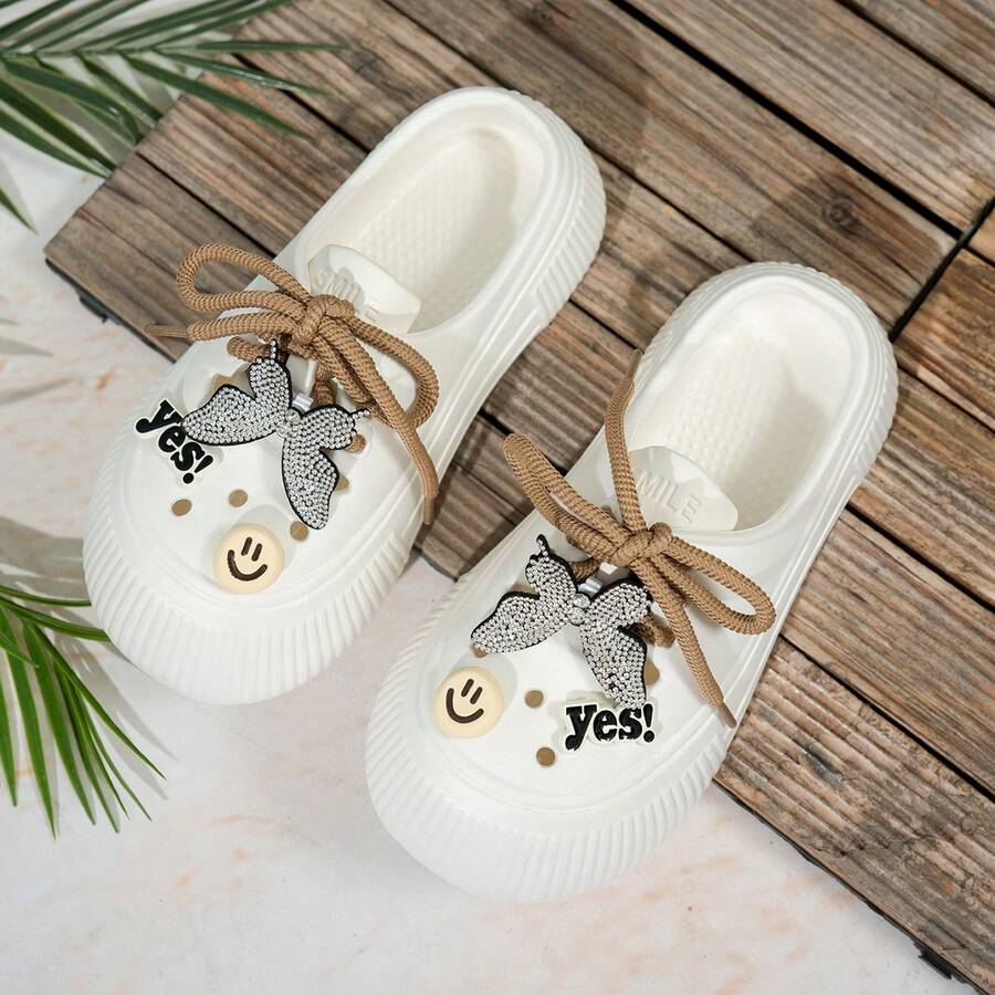 New Summer Women's Closed-Toe Clogs, Cute And Stylish Black With Rhinestone Embellishments, Platform Mule Style, Suitable For Both Indoor And Outdoor Wear, Perfect For Cherry Blossom Season. - White - View 1