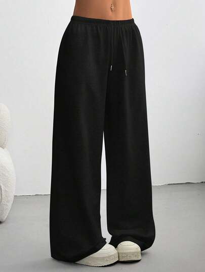 Women's Solid Color Elastic Waist Drawstring Wide Leg Casual Pants
