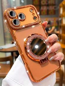 Luxury Rhinestone Lens Protection Plated Anti-Drop Phone Case With Shiny Sequin Makeup Mirror Ring Holder, High-Quality Shock-Proof Frame Back Cover Compatible With IPhone 17/16E/15/14/13/12/11/X/XS Max/XR/Pro Plus/8/7