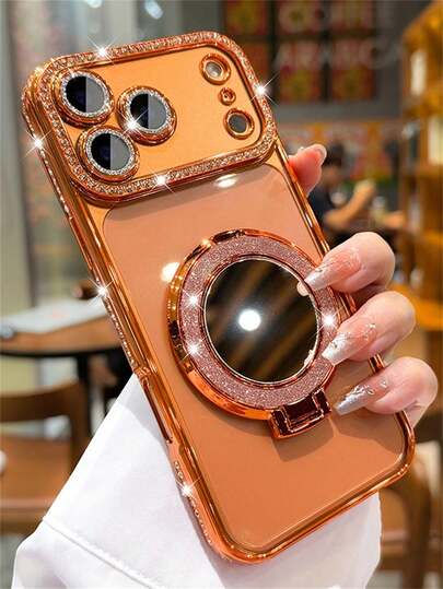 Luxury Rhinestone Lens Protection Plated Anti-Drop Phone Case With Shiny Sequin Makeup Mirror Ring Holder, High-Quality Shock-Proof Frame Back Cover Compatible With IPhone 17/16E/15/14/13/12/11/X/XS Max/XR/Pro Plus/8/7