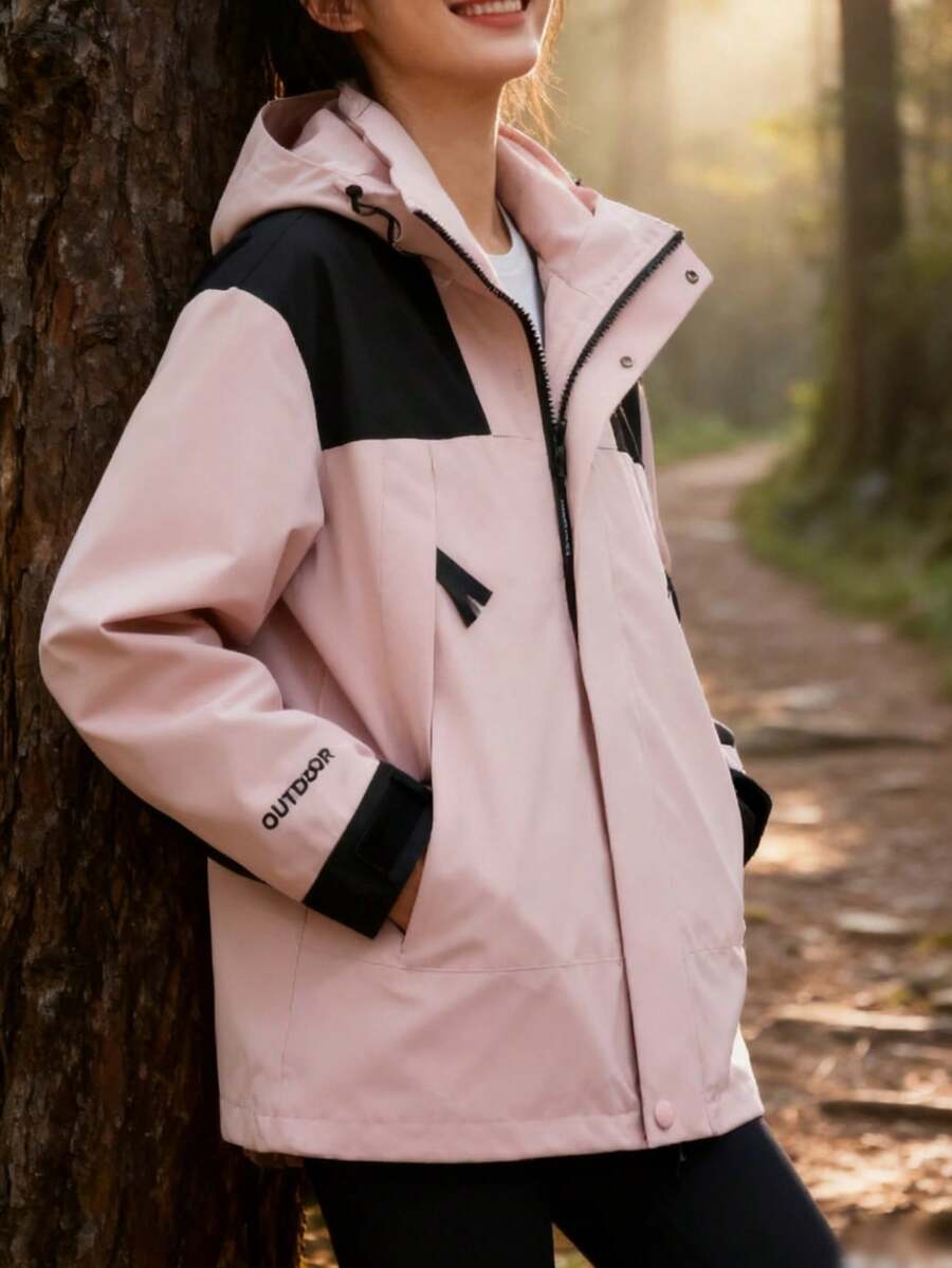 Esta chaqueta 3 en 1 para exteriores ofrece protección de nivel profesional y un diseño multifuncional. Cuenta con tejido cortavientos e impermeable, cuello alto con capucha ajustable, comodidad ligera, versatilidad y un diseño único y elegante. - Rosa - Ver 1
