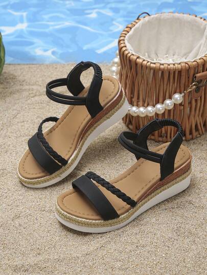 1双青少年/儿童黑色厚底坡跟凉鞋，圆头时尚坡跟凉鞋，夏季舒适轻便编织绳儿童凉鞋，适合度假和日常穿着